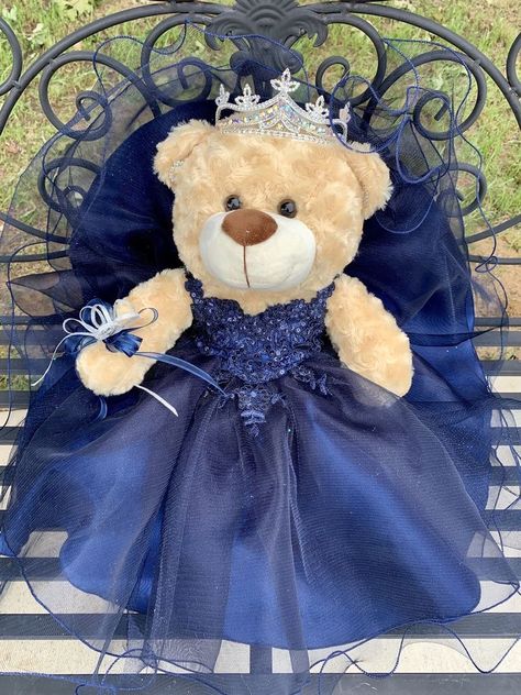 Aesthetic Quinceanera, Aesthetic Quinceanera Dresses, Midnight Blue Quinceanera Theme, Royal Blue Tulle Dress, Navy Blue Quinceanera Ideas, Quinceanera Bear, Quinceanera Dresses Princess, Midnight Theme, Quinceanera Teddy Bear