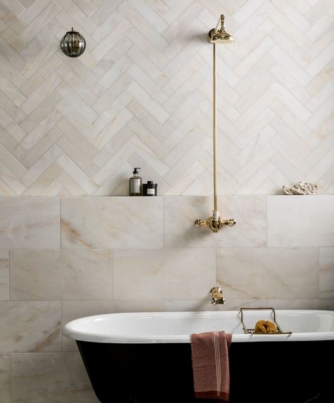 Top 6 Tile Trends for 2019 | Mandarin Stone Drømme Bad, Honed Marble Tiles, Mandarin Stone, Honed Marble, Tile Trends, Herringbone Tile, Classic Bathroom, Modern Bathroom Decor, Family Bathroom