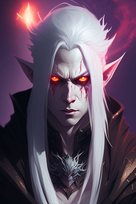 Elf Sorcerer, Pale Elf, Evil Elf, White Hair Red Eyes Aesthetic, Purple Eyes White Hair, Albino Elf, Deep Eyes White Dragon, Tiefling White Hair, Red Hair Elf