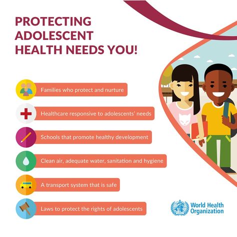 Adolescent health - Protecting adolescent health needs you! Protecting adolescent health requires families, healthcare system, schools that promote healthy development, laws etc. Pediatrics #Child #Health #Infographic #pediatric #practice #pediatrician #health #providers #WHO  #World #Health #Organization #Adolescence Adolescent Health, Health Quotes Inspirational, Healthy Work Snacks, Health Day, Health Logo, Mental Health Support, Health Inspiration, Health Drink, Health Challenge