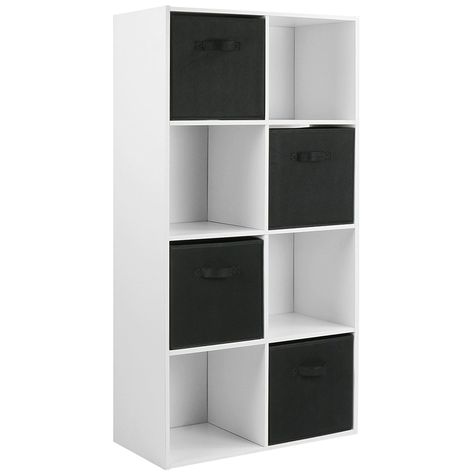 Ps5 Room, White Cube Shelves, Black And White Office, White Units, Cube Unit, Black Storage, Black Drawers, Collage Board, Cube Shelves