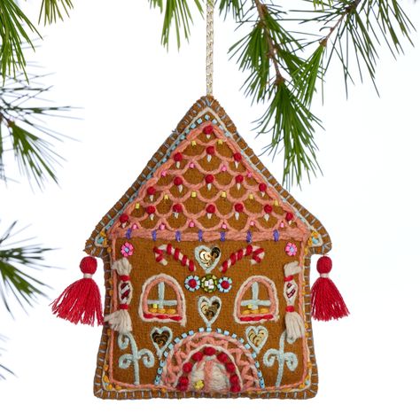 Wool Embroidered Gingerbread House Ornament - World Market Gingerbread House Christmas Ornaments, Embroidered Gingerbread House, Gingerbread House Embroidery, Felt Gingerbread House Ornament, Christmas Ornaments Aesthetic, Diy Gingerbread Ornaments, Vintage Felt Christmas Ornaments, Felt Gingerbread House, Gingerbread House Ornaments