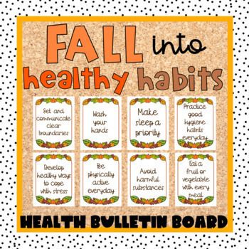 FALL Into Healthy Habits Bulletin Board:Fall & Autumn ThemeThis printable is perfect for bulletin boards or classroom posters and dcor.This resource is appropriate for a Health or Physical Education, and school nurses Includes a Google File :- a PDF with over 40 different posters, 8.5 x 11 in. posters in TWO different styles ( Autumn polka dot & Fall leaves) - a title " FALL INTO HEALTHY HABITS"AUG. 2023 Update- This now includes 11 NEW POSTERS.  READ ME!!These posters are meant to be pr Doctors Office Fall Decorations, Well Being Bulletin Board, Nutrition Board Ideas, Fall Staff Bulletin Board Ideas, Fall Bulletin Boards For High School, Wellness Bulletin Boards At Work, Fall Classroom Decorations High School, School Psych Bulletin Boards, Middle School Health Classroom Decor