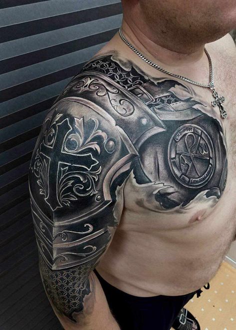 Armour Sleeve Tattoo, Roman Armor Tattoo, Shoulder Armor Tattoo Design, Armor Shoulder Tattoo, Shoulder Armour Tattoo, Tattoo Backgrounds, Armor Sleeve Tattoo, Eagle Shoulder Tattoo, Owl Tattoo Chest