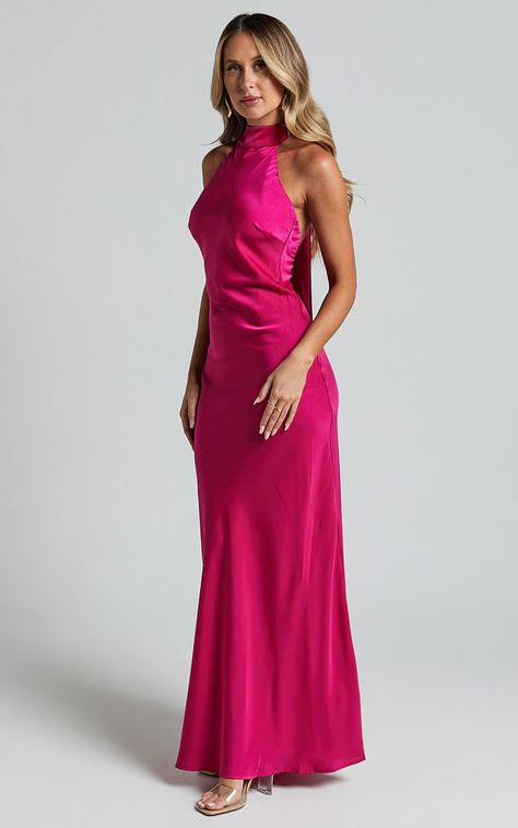 Alycia Maxi Dress - High Neck Tie Back Slip in Pink | Showpo USA Pink Night Dress, Magenta Dress Formal, Hot Pink Dress Formal, Summer Wedding Guest Outfit, Prom Dresses Halter Neck, Dark Pink Bridesmaid Dresses, Hot Pink Dress, Magenta Prom Dress, Magenta Bridesmaid Dresses