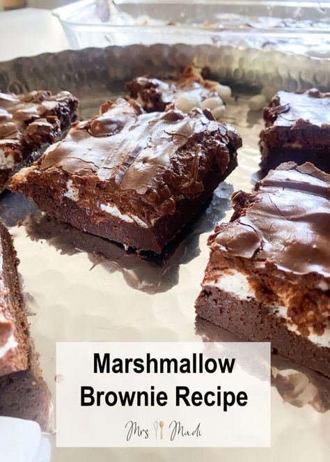 Pin this for later and bake the most delicious marshmallow brownies at home!   Click this Pin for the full recipe. This marshmallow brownie is a rich, dark chocolate brownie topped with marshmallows, so gooey and delicious! The hit of every gathering. Brownies And Marshmallows, Brownie And Marshmallow Recipes, Homemade Brownies With Marshmallow, Marshmellow Brownie Easy, Brownies With Marshmallows On Top, Marshmallow Brownies Recipe, Brownie With Marshmallow, Brownies Marshmallow, Brownies With Marshmallow