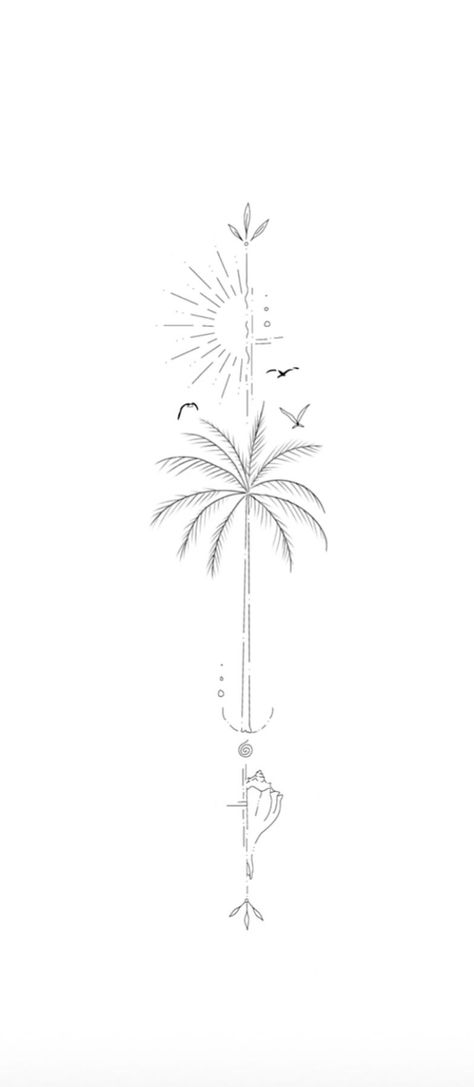 #follow #tattoos #tattooart #tattooideas #blogging #blogger #blog Beach Tattoo Linework, Fine Line Palm Leaf Tattoo, Spine Tattoos Travel, Vertical Travel Tattoo, Coastal Flower Tattoos, Cute Tropical Tattoos, Delicate Hawaiian Tattoo, Ocean Spinal Tattoo, Vertical Ocean Tattoo