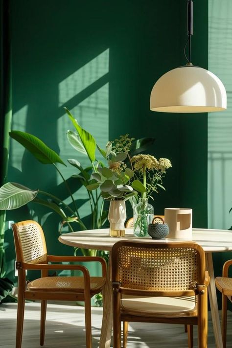 5 Tips for Adding Green to Your Dining Room Green White Dining Room, Green Dining Room Aesthetic, Dark Green Dining Room, Green Dining Rooms, Green Wall Color, Dining Room Paint Colors, Green Drapes, Green Dining Room, Green Dining Chairs