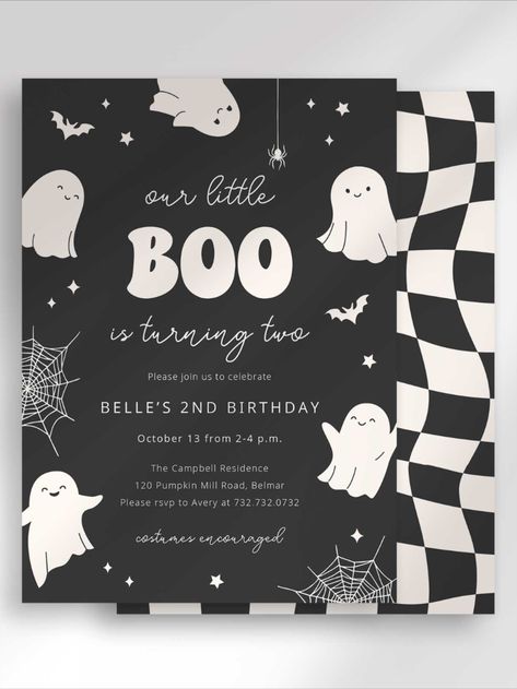 👻🎉 Celebrate with a spooky twist! "Our Little Boo is Two" birthday invitations are perfect for a Halloween-themed birthday party. All text can be edited, can accomodate any age! Customize, download and print or send digitally, and get ready for a ghostly good time! 🎃🎂 #LittleBooIsTwo #HalloweenBirthdayInvitation #HalloweenBirthday #CuteGhostInvitation #BooBirthday #BirthdayHalloweenInvitation #NotTooSpookyBirthday #NotTwoSpookyBirthday #SpookyOne #DigitalHalloweenBirthdayInvitation Our Little Boo Is Turning Two, 2 Birthday Invitation Template, Two Birthday Invitations, Turning Two Birthday, Little Boo Is Turning Two, Boo Is Turning Two, Halloween Themed Birthday Party, Two Birthday, Halloween Birthday Invitations