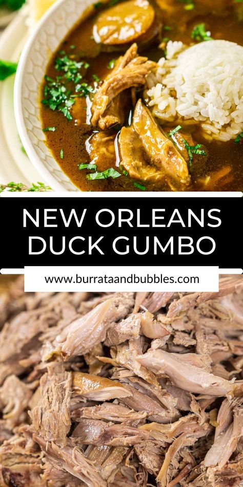 Duck And Andouille Gumbo, Duck Stew Crockpot, Duck Sausage Recipe, Duck Stew Recipes, Duck Gumbo Recipe, Duck Broth Recipe, Duck Soup Recipes, Duck Meals, Best Duck Recipe