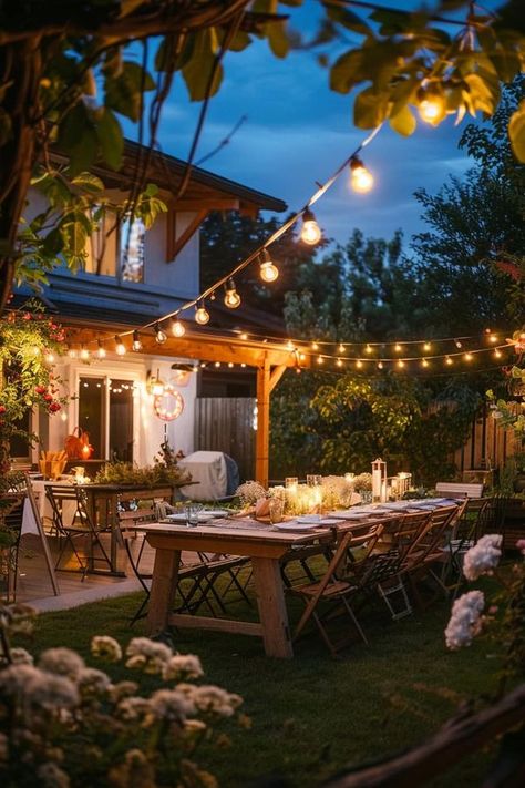 French Country, Cottage & Farmhouse | PERFECT ✨ | Facebook Country Backyard Party, Backyard Hosting Ideas, Patio Birthday Party Ideas, Classy Backyard Party, Party At Home Aesthetic, Backyard Party Setup Ideas, Backyard Party Aesthetic, Fun Backyard Party Ideas, Engagement Party Ideas Backyard