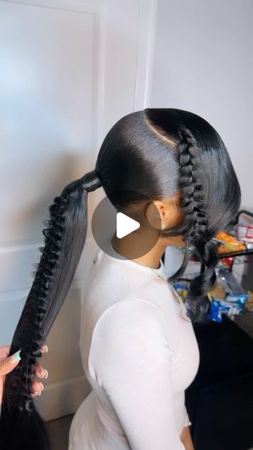 Fishtail Braid Into Ponytail, Sleek Ponytail With Fishtail Braid, Slick Back Braided Ponytail Weave Fishtail, Ponytail With Bang And Fishtail Braid, Ponytail Hairstyles With Fishtail, Fish Braid Ponytail, Slick Braided Ponytail Hairstyles, Ponytail Bangs Hairstyles, Ponytail With Bangs Hairstyles For Black Women