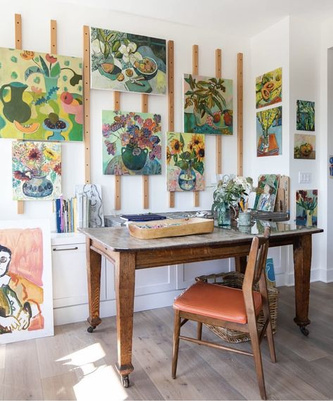 Painters Room, Dining Room Art Studio, Art Studio Display, Art Studio Corner At Home, Unfinished Basement Art Studio, Art Studio Attic, Art Station Ideas For Adults, Diy Home Art Studio, Art Craft Room