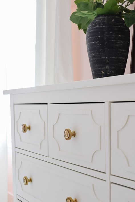 A simple beginner IKEA Hack - DIY IKEA Hemnes Hack using O'verlays furniture panels (Anne Kit) to transform an IKEA Hemnes dresser into a Pottery Barn dupe! Perfect for a little girl's bedroom or child bedroom dresser. Easy IKEA hacks are fun and simple and a great budget-friendly home idea! Pink Ikea Dresser, White Hemnes Bedroom, Ikea Dresser Havk, Hemnes Dresser Bedroom Ideas, Beachy Bedroom Furniture, Repainting Ikea Dresser, Target Dresser Hack, Ikea Hacks Hemnes Dresser, Repurpose Ikea Dresser