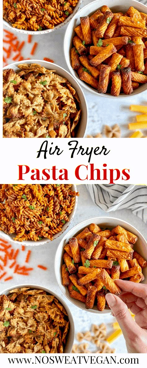 Air Fryer Pasta Chips are crispy, crunchy, and delicious. Perfect for snacking or adding to a party buffet! Works with all types of pasta including regular, whole wheat, and gluten-free. Choose from three flavors: Curry, Sweet BBQ, and Vegan Ranch. Noodle Chips, Pasta Ziti, Air Fryer Pasta Chips, Air Fryer Pasta, Bbq Vegan, Vegan Air Fryer Recipes, Fried Pasta, Vegan Air Fryer, Snack To Make