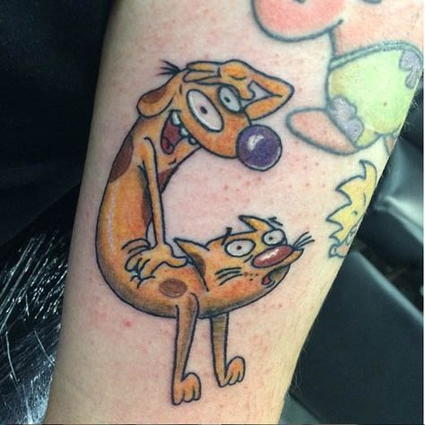 90s Baby Tattoo, Cat And Dog Tattoo, 90s Tattoos, Bright Tattoos, Cartoon Tattoo, Planet Tattoos, Sharpie Tattoos, Cartoon Character Tattoos, Geek Tattoo