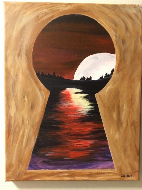 Looking through the keyhole (painted April 13, 2017) Key Hole Paintings, Looking Through Key Hole Drawing, Looking Through A Keyhole Art, Surreal Art Painting Easy, Surrealism Art Ideas Easy, Through The Keyhole Art, Looking Through Art, Keyhole Art Ideas, Surrealism Painting Easy