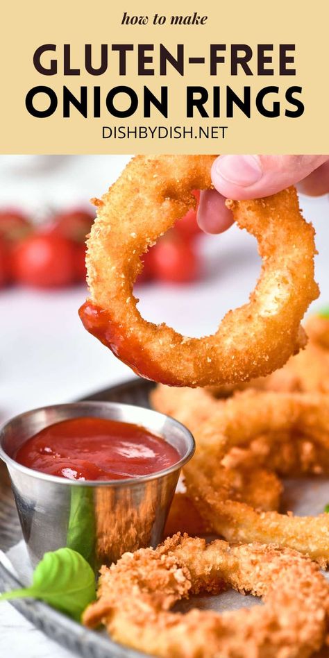 These crispy gluten-free onion rings make an incredibly delicious appetizer or savory snack! Serve them with your favorite dipping sauce for the perfect party food! Totally dairy-free too. Gluten Free Onion Rings, Gluten Free Sides, Cookies Gluten Free, Gluten Free Appetizers, Gluten Free Sides Dishes, Food At Home, Homemade Gluten Free, Gluten Free Recipes For Dinner, Gluten Free Dairy Free Recipes