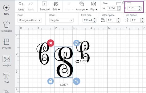 Cricut Design Space Screenshot of Center Monogram Initial Specifics Blank White Screen, Cricut Explore Tutorials, Cricket Joy Projects Craft Ideas, Cricut Expression Projects, Monogram Maker, Cricut Projects Easy, Monogram Printable, Cricut Help, Cricut Monogram