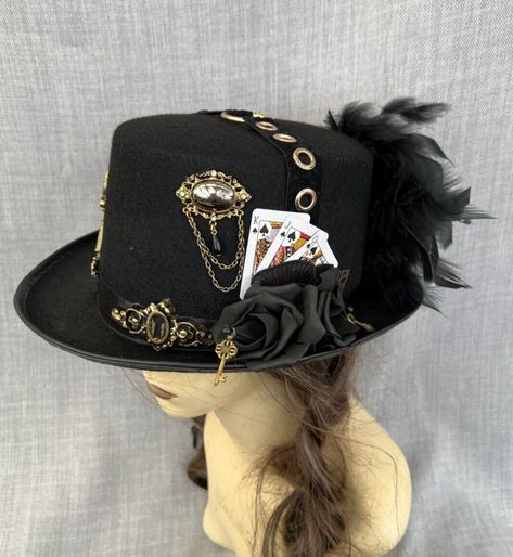 Top Hat Designs, Top Hat Aesthetic, Clock Hat, Steampunk Fascinator, Cyberpunk Theme, Fantasy Hat, Hat Feathers, Black Steampunk, Steampunk Top