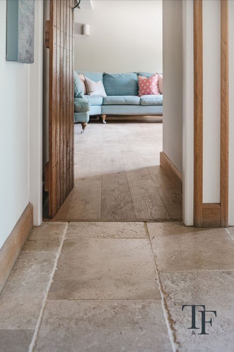 Chiseled Travertine meets engineered oak in a country house refresh Home With Tile Floors, Tile Floor Throughout House, Travertine Floor Kitchen, Wood Effect Floor Tiles Living Rooms, White Walls Travertine Floors, Travertine Flooring, Travertine And Wood Floors, Travertine Floor, Limestone To Wood Floor Transition