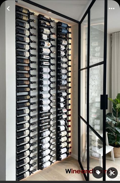 Metal Wine Racks For Wall, Hallway Wine Storage, Wine Display Ideas Small Spaces, Wine Rack Wall Ideas, Wine Rack Wall Modern, Wall Wine Rack Ideas, Diy Wine Wall, Wine Room Ideas In House, Wine Display Wall