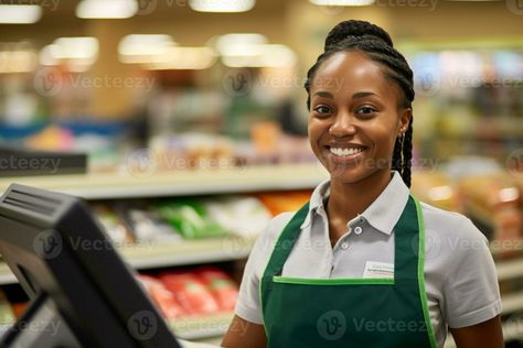 Female cashier smiling at the supermarket Supermarket Cashier, Wedding People, Working Class, Cityscape Photos, Heart With Arrow, Marketing Design, Custom Illustration, Custom Branding, Custom Logo Design