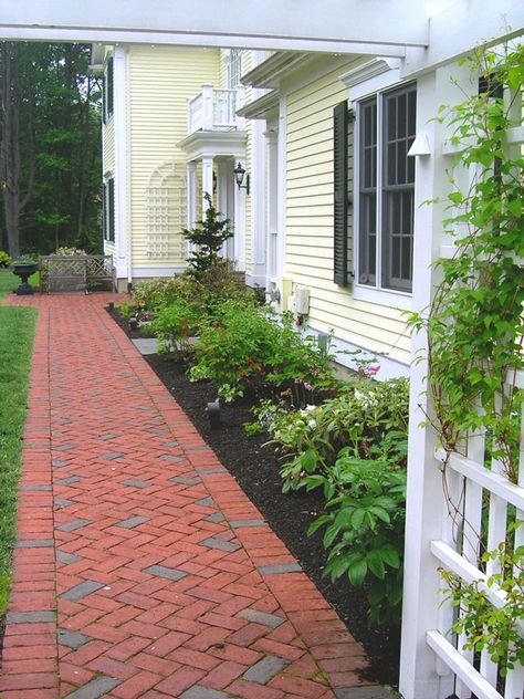 Red Brick Sidewalk Ideas, Red Brick Patio Ideas, Sidewalk Ideas, Walkway Designs, Brick Sidewalk, Brick Patterns Patio, Barbecue Design, Walkway Landscaping, Walkway Design