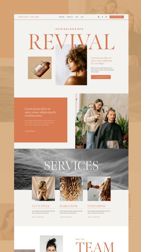 Revival is an editorial-style Squarespace Fluid Engine Template we created specifically for salons and stylists. It features a bold use of color and large typography to make an impact, showcase your work, and highlight your services. Content Heavy Web Design, Hair Stylist Website Ideas, Editorial Style Website, A+ Content Amazon, Web Designer Website, Hairdresser Website, Salon Website Design Inspiration, Website Design Colorful, Esthetician Website