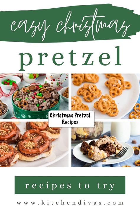 Collage of four different pretzel snacks and desserts. Circle Pretzel Christmas, Easy Pretzel Dessert, What To Do With Pretzels, Christmas Pretzel Recipes, Pretzel Treats Christmas, Pretzel Christmas Snacks, Christmas Treats Pretzels, Holiday Pretzel Recipes, Pretzel Cookie Bars