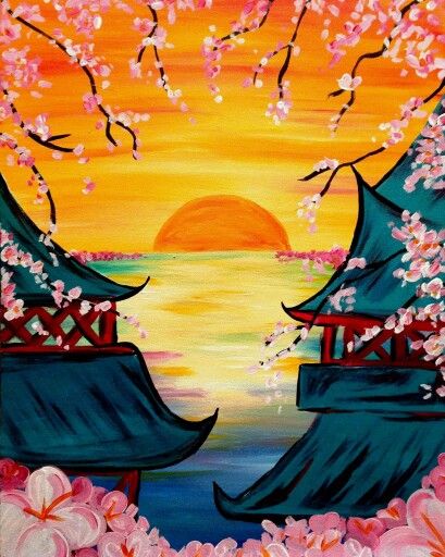 Beautiful japanese painting Acyrlic Painting, Things To Paint, Easy Landscape Paintings, Japan Painting, Landscape Paintings Acrylic, Japon Illustration, Simple Acrylic Paintings, Japanese Painting, Sunset Painting