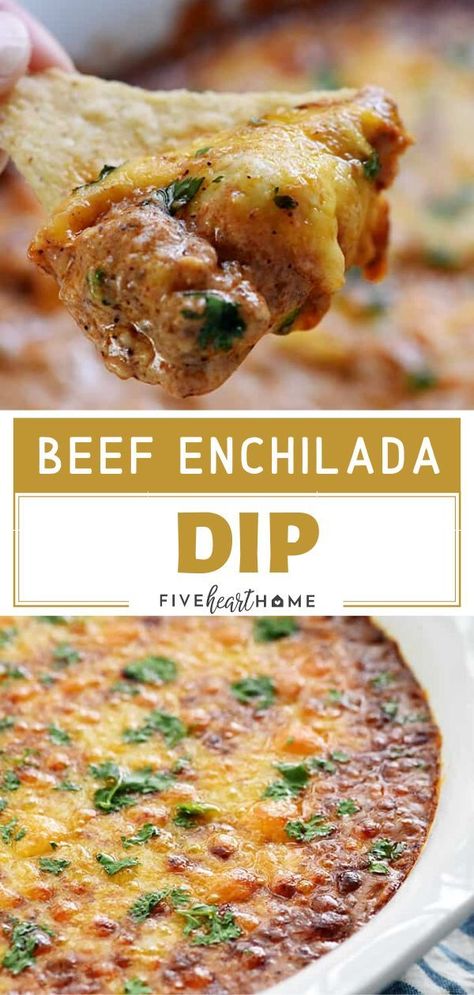 Football Party Food Appetizers, Beef Enchilada Dip, Enchilada Dip, Beef Appetizers, Best Dip, Easy Super Bowl, Beef Enchilada, Beef Dip, Bowl Party Food