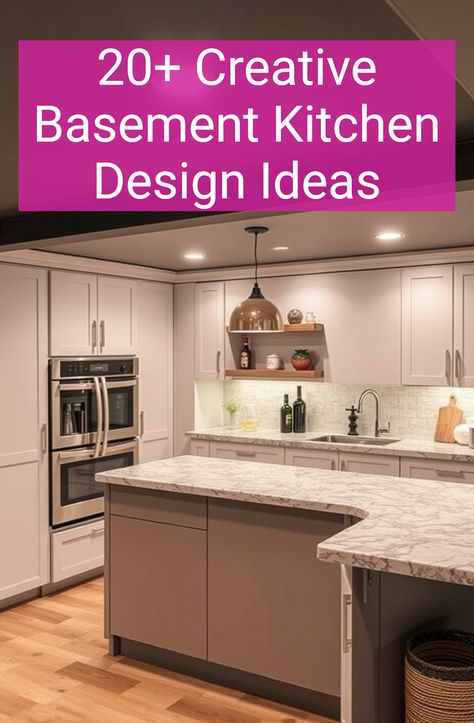 20+ Creative Basement Kitchen Design Ideas Basement Kitchen With Bar, Basement Kitchen Design, Creative Kitchen Design, Dream Basement, Modern Basement, Cozy Family Rooms, Cozy Basement, Basement Kitchen, Open Concept Layout