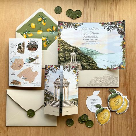 Folded wedding stationery suite ✨ Beautiful @son_marroig in #mallorca was featured for this suite 💌. Venue illustrations, illustrated map and little lemon details cards to fit the theme were a part of the paper party 🍋. Printed envelopes and custom wax seals. The map can also serve as a timeline for the order of events if different venues and days are part of the celebrations 💛. This was such a fun colourful brief to work on ✍🏼 . Looks like the sunshine is back here today the weather is ... Wedding Watercolor Painting, Destination Wedding Ireland, Wedding Illustration Card, Digital Wedding Invitations Design, Map Wedding Invitation, Order Of Events, Bespoke Wedding Stationery, Wedding Planning Decor, Wedding Stationery Suite