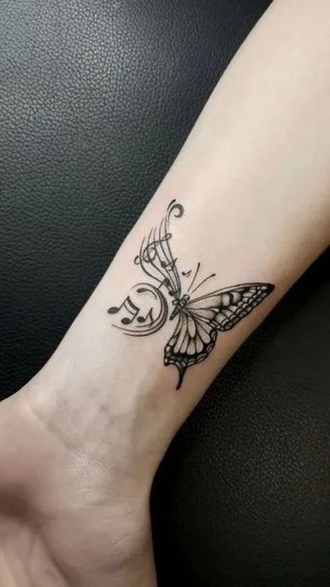 Musical Butterfly Tattoo, Melody Tattoo Music, Music And Butterfly Tattoo, Simple Music Note Tattoo, Butterfly Music Note Tattoo, Small Music Notes Tattoo, Butterfly Music Tattoo, Music Butterfly Tattoo, Melody Tattoo Ideas