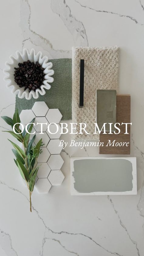 Tara Nelson | October Mist by Benjamin Moore 💚 Move over greige! Green is continues to trend and October Mist by @benjaminmoore is the perfect shade of... | Instagram October Mist Benjamin Moore Color Palette, October Mist Kitchen Walls, Mistletoe Benjamin Moore, October Mist Benjamin Moore Bathroom, October Mist Bathroom, Bm October Mist, October Mist Benjamin Moore, October Mist, Benjamin Moore Bathroom