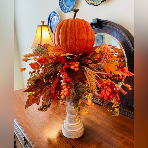 22x19 Fall Table Centrepiece Ideas, Fall Candlestick Centerpiece, Fall Candle Stick Decor, October Table Centerpieces, Modern Fall Arrangements, Fall Candlestick Arrangements, Fall Floral Arrangement Ideas, Fall Candlestick Decor, Candlestick Decor Ideas