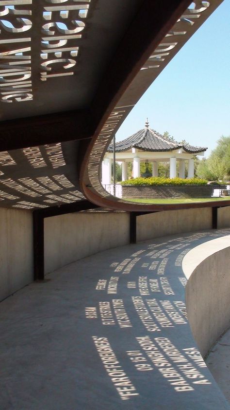 "Sunlight shines through laser-cut phrases at the Moving Memories Memorial in Phoenix. The phrases are meant to reflect a range of thoughts from Arizonans affected by 9/11, and were picked after months of research.": Environmental Graphic Design, Wayfinding Signage, Web Banner Design, Environmental Design, Environmental Graphics, Signage Design, Urban Landscape, Public Art, Urban Design