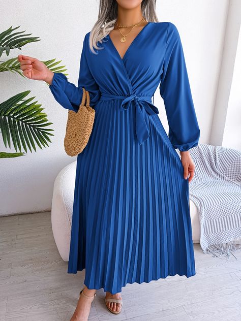 Faster shipping. Better service Blue Long Dress, Maxi Bridesmaid Dresses, Pleated Maxi, Dress With Tie, Solid Dress, Bohemian Dress, Types Of Skirts, Ethnic Fashion, Pleated Dress