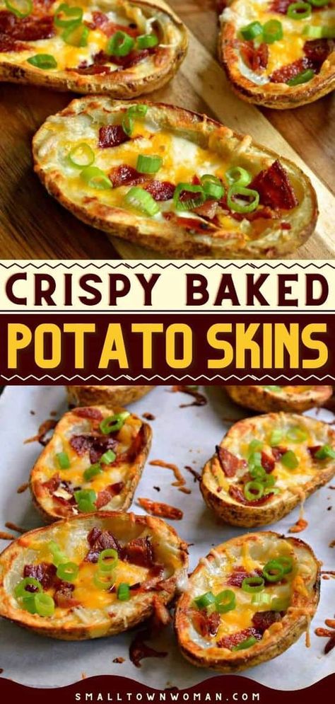 Potatoe Skins Recipe, Baked Potato Skins, Crispy Baked Potatoes, Football Snacks, Finger Foods Easy, Superbowl Party Food, Potato Skins, Think Food, Super Bowl Food