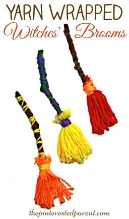 Yarn wrapped witches' brooms crafts for Halloween. A great fine motor skill activity and kid's crafts. Arts & craft for preschoolers. Motor Skill Activity, Crafts For Halloween, Witches Brooms, Craft For Preschoolers, Pagan Crafts, October Crafts, Casa Halloween, Art And Craft Ideas, Fun Halloween Crafts