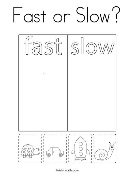 Fast or Slow Coloring Page - Twisty Noodle Twisty Noodle Worksheets, Fast And Slow Worksheet, Opposite Worksheets Preschool, Fast And Slow Activities Preschool, Opposites Worksheet Preschool, English Activities For Preschool, Opposites Preschool, Ingles Kids, Preschool Workbooks