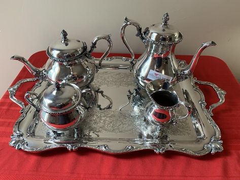 5 piece Wilcox plated silver tea service Du Berry for auction. Floral pattern . Platter coffee pot,tea pot,creamer and sugar bowl series 7060 Silver Tea Service, Silver Plated Tea Set, Coffee Service, Silver Tea, Antique Tea, Tea Service, Cream And Sugar, Coffee Set, Milk Jug