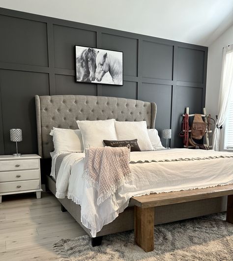 Master Bedroom Accent Wall Accent Master Bed Wall, Accent Wall Molding Master Bedrooms, Bedroom Ideas Wall Panels, Main Bedroom Ideas Master Suite Feature Wall, Accent Tv Wall Bedroom, Wood Trim Accent Wall Master Bedrooms, Square Accent Wall Bedroom, Full Wall Board And Batten Bedroom, Accent Wall In Master Bed