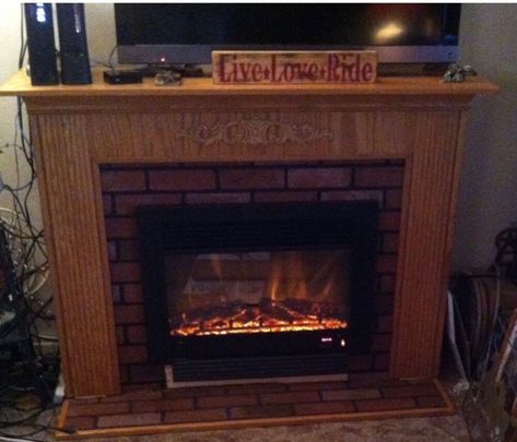 Faux Fireplace With Electric Logs, Wallpaper On Electric Fireplace, How To Make A Fake Fireplace Look Real, Freestanding Fireplace Makeover, Electric Fireplace Painting Ideas, Update Electric Fireplace, Repurposed Electric Fireplace, Upcycle Electric Fireplace, Painting An Electric Fireplace