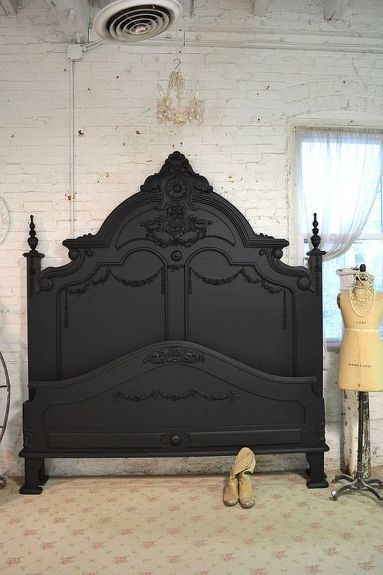 Do you have guests coming over for the holidays and need to refresh your guest room? The quickest way to refresh any room is with a little paint. We're painting a KING size bed in 45 minutes! Not just a headboard either. We're doing the headboard, footboard and rails in 45 minutes using All In One Paint. It requires 2 coats, dries quickly and best of all: NO SandingNO StrippingNO WaxingNO Topcoating! Just YES to a fabulous new guest room. To see our LIVE tutorial on this projec… Repainting Bedroom Furniture, Gothic Headboard, French Queen, Painted Headboard, Chic Bedroom Design, Victorian Bed, Painted Beds, Romantic Bed, Gorgeous Bed