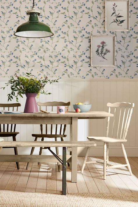 This traditional cottage design will bring both character and elegance to any room with the sophisticated colour palette of pops of colour delicately placed on a calm, neutral background. Printed on a matt substrate for a contemporary look and feel. This wallpaper is also paste-the-wall, making it easy to hang.  100% Paper. Small Cottage Kitchen Diner, Boot Room Wallpaper, Wall Colour Kitchen, Calming Dining Room, Cottage Floral Wallpaper, Floral Wallpaper And Panelling, Half Wall Panelling Dining Room, Bright Cottage Interiors, Quaint Cottage Interior