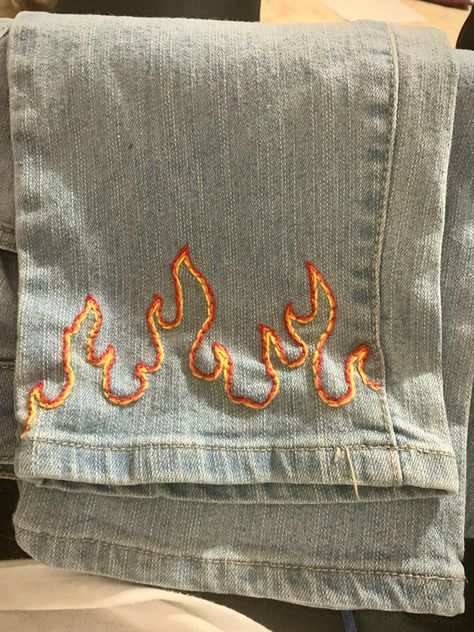 Fire Embroidery Jeans, Fire Embroidery Designs, Jean Jacket Embroidery Ideas, Cool Embroidery Designs, Fire Embroidery, Flame Embroidery, Embroidery Jeans Jacket, Birthday Embroidery, Embroidery Men