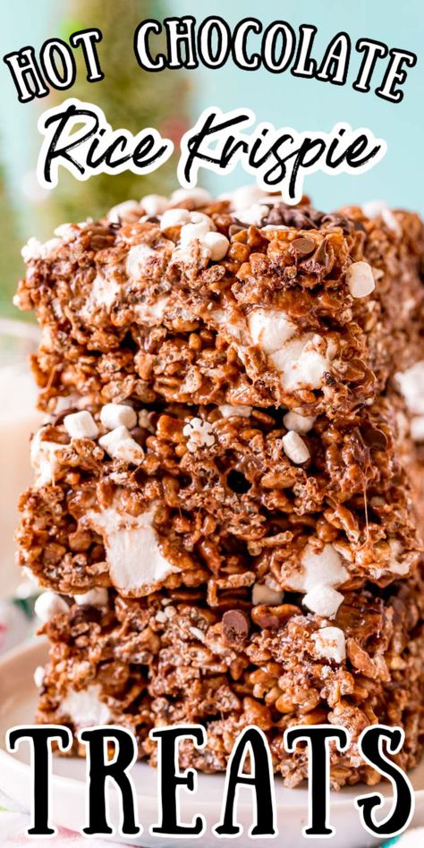 These Hot Chocolate Rice Krispie Treats are loaded with sweet marshmallows and chocolate flavor! They even have hot cocoa mix in them and are the perfect no-bake treat for winter! via @sugarandsoulco Hot Cocoa Rice Krispies, Chocolate Peppermint Rice Krispie Treats, Holiday Krispie Treats, Milky Way Rice Krispie Treats, Winter Rice Crispy Treats, Coco Rice Krispie Treats, Hot Cocoa Rice Crispy Treats, Hot Chocolate Rice Crispy Treats, Rice Crispy Dipped In Chocolate