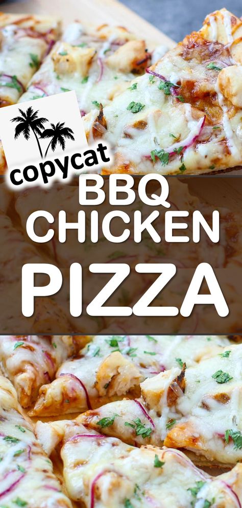 The combination of the chicken, cilantro, red onions, cheese, and barbecue sauce make up the the perfect BBQ Chicken Pizza. #pizza #pizzarecipes #copycat #restaurantcopycat #bbq #bbqchicken #chicken Pioneer Woman Bbq Chicken Pizza, Chicken Barbecue Pizza Recipes, Chicken Bbq Pizza Recipes, Barbq Chicken Pizza, Cpk Bbq Chicken Pizza, Homemade Bbq Chicken Pizza Recipe, Bbq Ranch Chicken Pizza, Bbq Pizza Recipes, Chicken Bbq Pizza